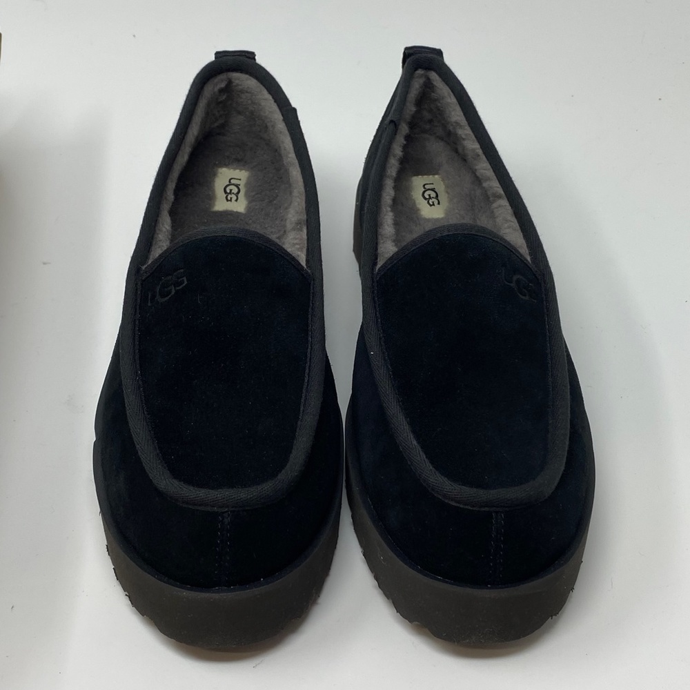 UGG Womens Size 11 Super Moc Moccasins Slippers Black Suede Wool Lining Lug Sole